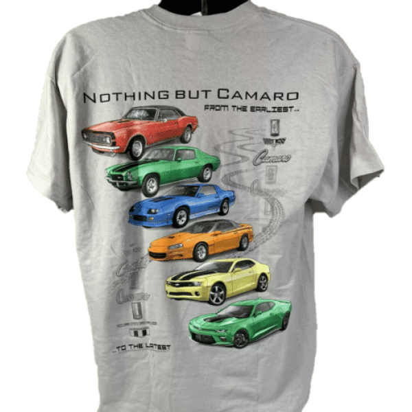 Chevy Camaro T-Shirt w/ Six Generations of Cars & Emblems - Light Gray