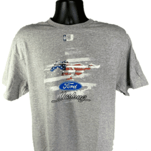 Ford Mustang T-Shirt W/ Patriotic Pony Emblem - Gray W/ Red White & Blue Logo